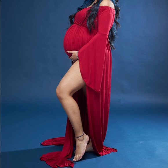Red long maternity dress. - Picture 2 of 3